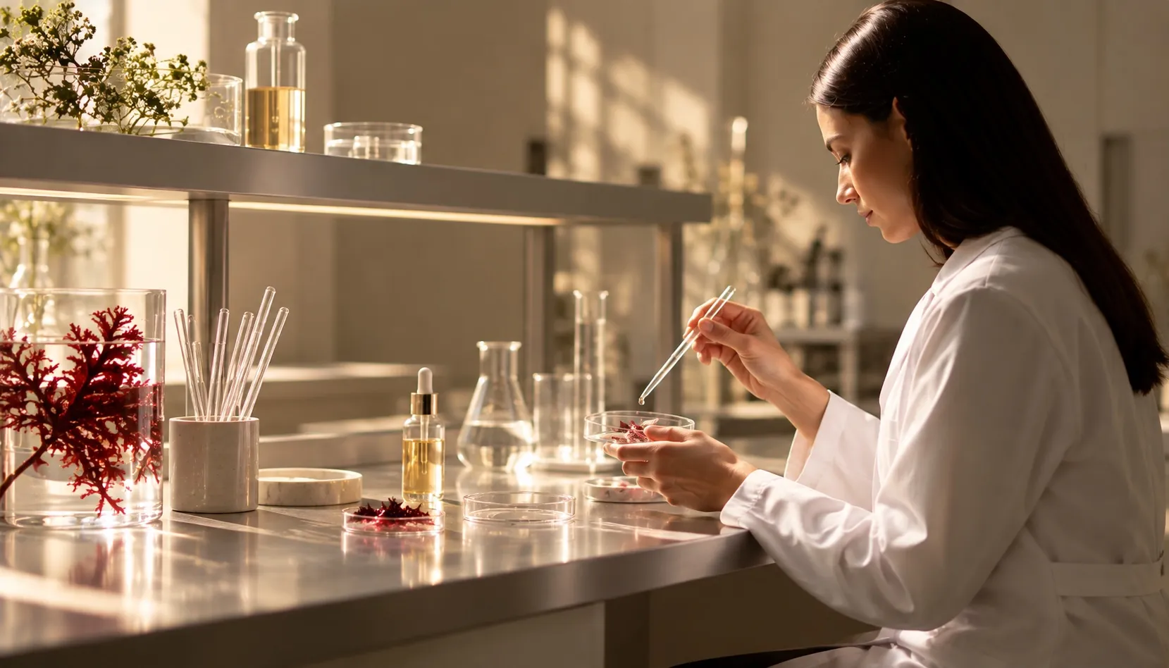 Pesquisadora formulando cosméticos em laboratório: produtos ABANIC livres de crueldade animal