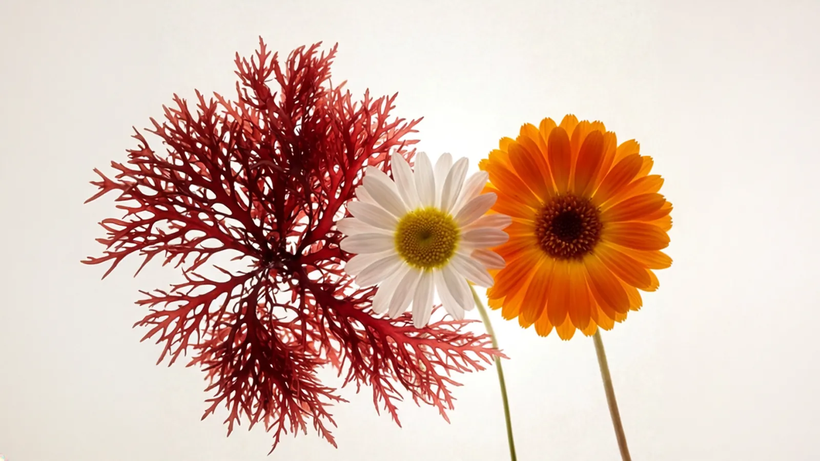 Alga vermelha, flor de margarida e calêndula